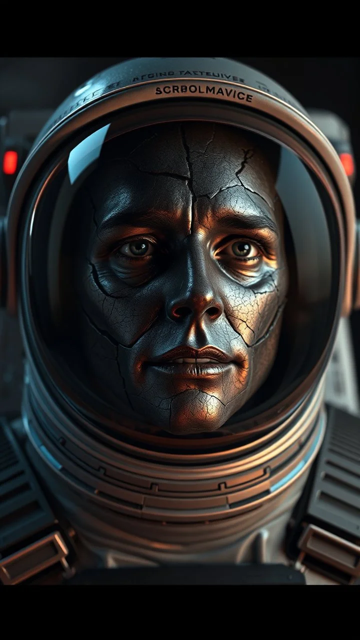 a 3/2 view of an astronaut his face skin is a broken metallic skin texture in a 3d rendering full-height image of a grim and dark scene. Ensure the final images exhibit the utmost quality, encompassing 4K, 8K, and 64K resolutions, with 3D rendering that manifests in photorealistic, hyperrealistic, and highly detailed representations. Employ techniques such as HDR, UHD,