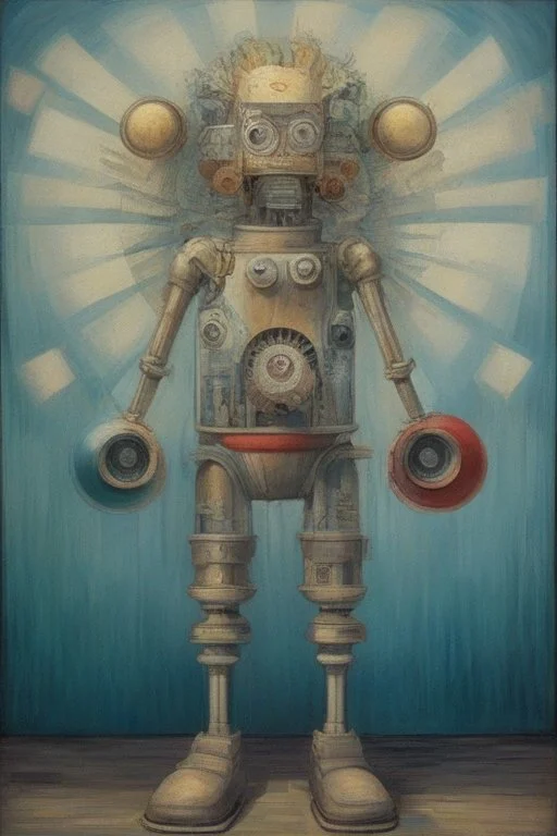 a mechanical man with fan in his chest , 2 light balls as eyes , 2 speakers as ears one refrigerate as head and 2 vacuums cleaners as legs , surreal, Van Gogh, Busch painting style