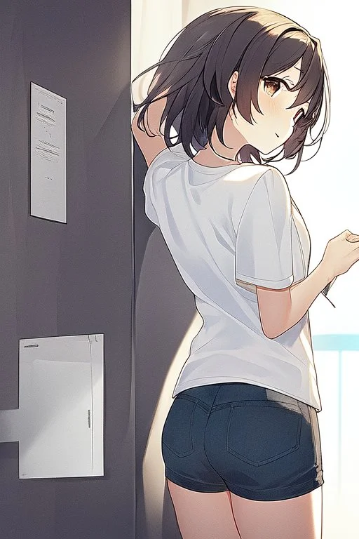 anime waifu wearing short shorts and a pyjama shirt with her back turned