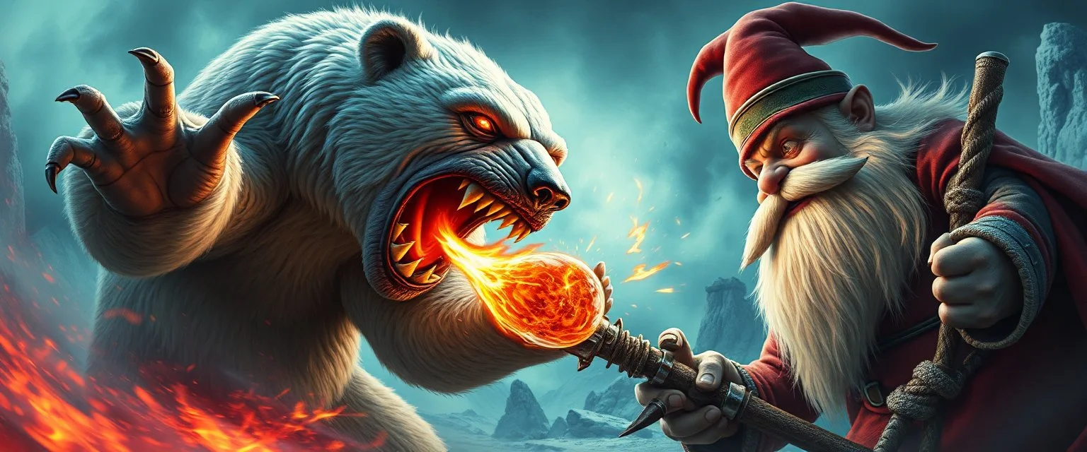 epic movie poster, fire drop polar bear vampire grabbed by throat vs gnome goblin rock priest, fish eye lense