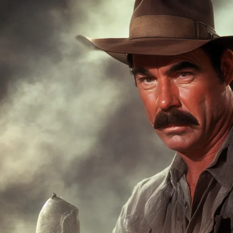 Tom Selleck, as Indiana Jones, dramatic light, close up, smoky background, high detail, cinematic, vignette