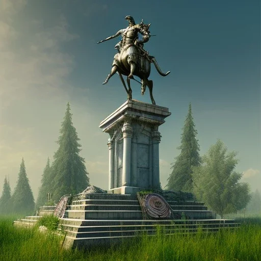 Monument, abandoned city centre, statue of human on top, look from distance, buildings visible whole statue, overgrown statue and monument, realistic, highly detailed