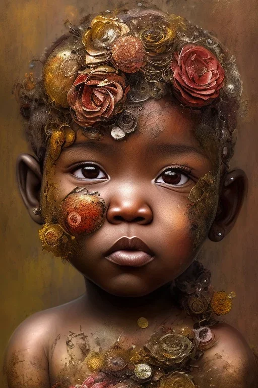 an abstract painting of rusted metal and flowers, african baby portrait, rust, scaffolding, iron cladding, decay, mixed media, textured, anatomically correct, beautiful perfect face, sharp focus, highly detailed