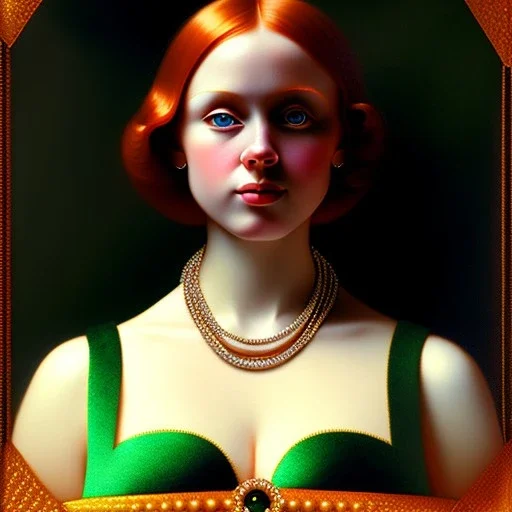 oil Portrait of a redhead beautiful busty voluptous adult woman with emeralds necklace with big Blue sad eyes looking to viewer by GRANT WOOD Ingres 8k