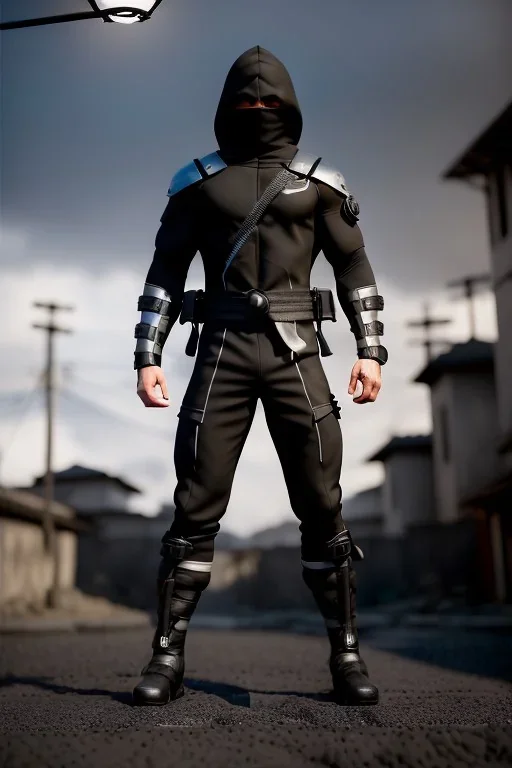 muscular ninja assassin, athletic build, wearing black and gray baggy pants with pockets, black hood and black balaclava mask, buckles, straps, pockets, daggers around arms, tan skin, big boots, dark hazel eyes, eyes are both in proportion, 3/4 look, standing, dark cobblestone alley, one halo candle light behind head, intense, non photorealistic rendering in the art style of j.scott campbell