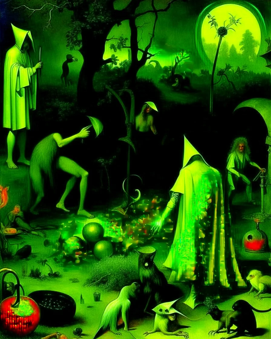 some mysterious figures, odd background, cinematic, Hieronymus Bosch, Max Ernst, vegetal life, rotten, ambient light, cry, ritual, animals