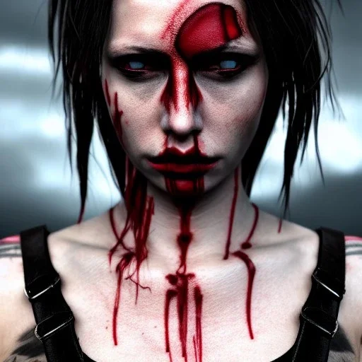 illustrator, hyper realistic, young spanish pirate girl crying, short hair.lips red with blood. tatoos on neck. dressed in leather and metal bra. pirate ships. high details, thunderstorm. 4k, unreal engine, misty