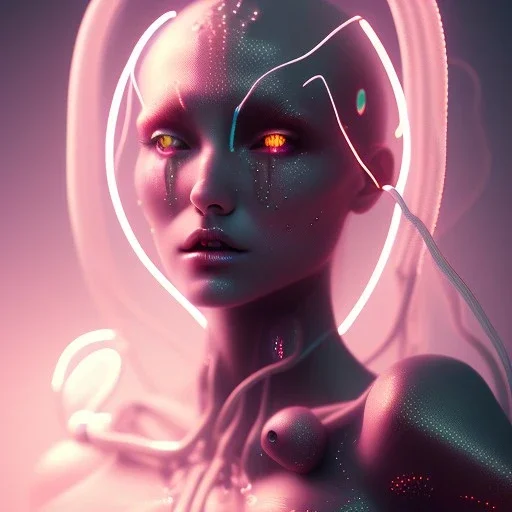 Demon girl, lumen lighting, led lights, <hanging wires> many wires connected to the head<perfect pupil> <cyborg> <garage> <sci-fi futuristic>