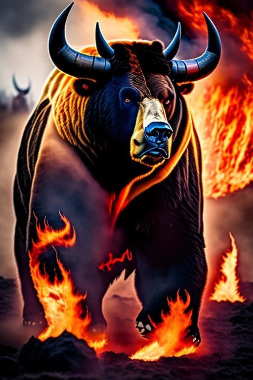 a mix between a bull and a bear, bestial and fearsome, over a field of ash and fire, darkness, high image resolution