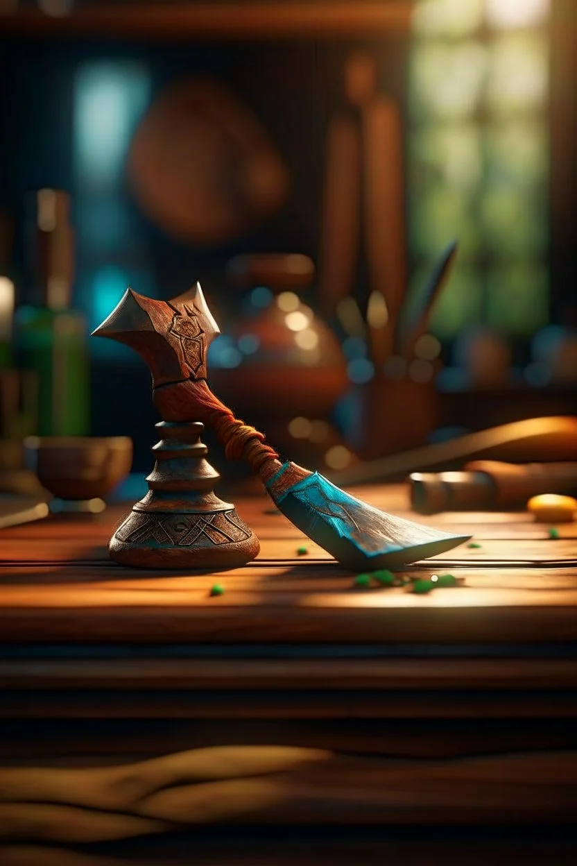 tomahawk on teak table, in the style of fantasy movies, photorealistic, shot on Hasselblad h6d-400c, zeiss prime lens, bokeh like f/0.8, tilt-shift lens 8k, high detail, smooth render, unreal engine 5, cinema 4d, HDR, dust effect, vivid colors