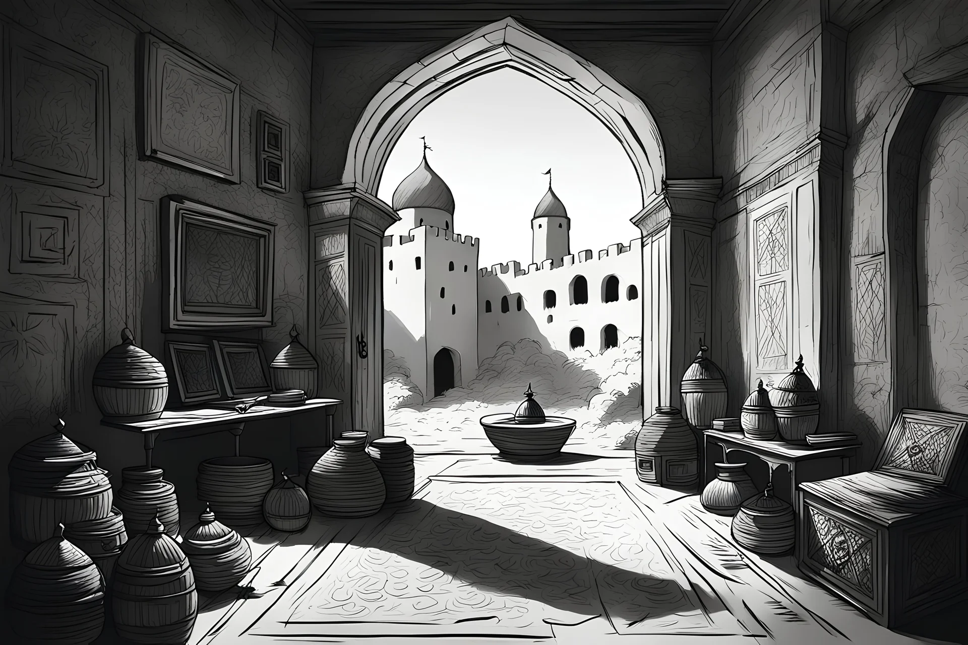 generate an image dark room in Omani old castle like a sketch draw minimal style black and white pencil style, a lot of items around.