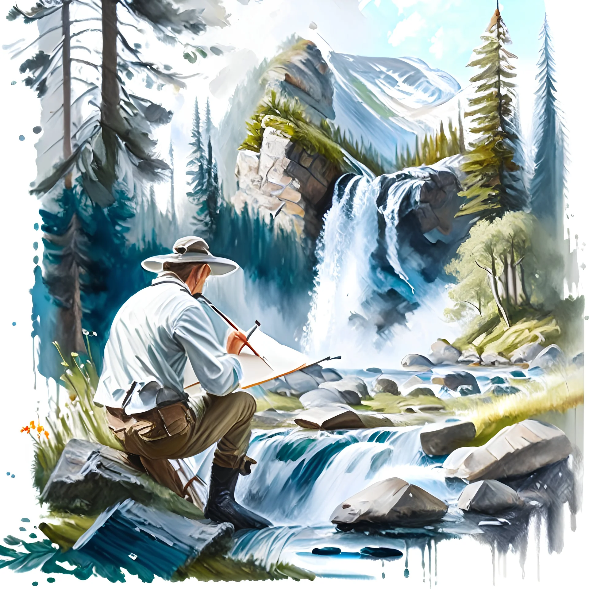 Illustrate a scene of an artist exploring the wonders of Norwegian nature, sketching, plain air amidst forests, waterfalls, and meadows, artistic style painting, white background, detailed, realistic, high definition, painting oil paint