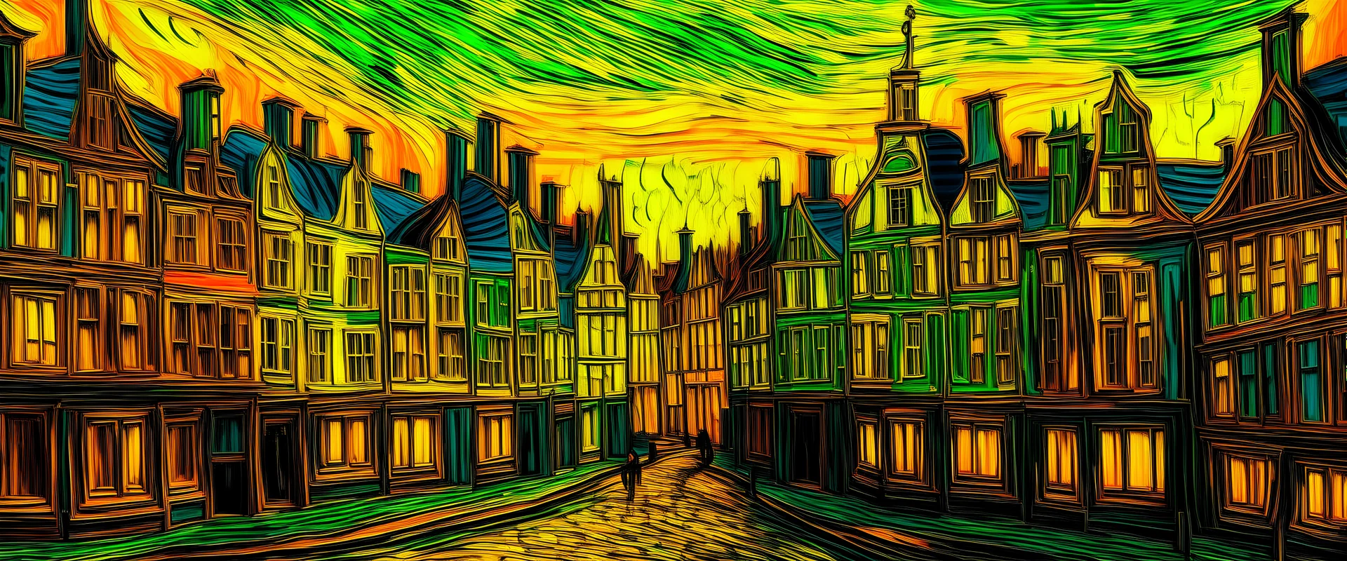 A yellow neon city painted by Vincent van Gogh