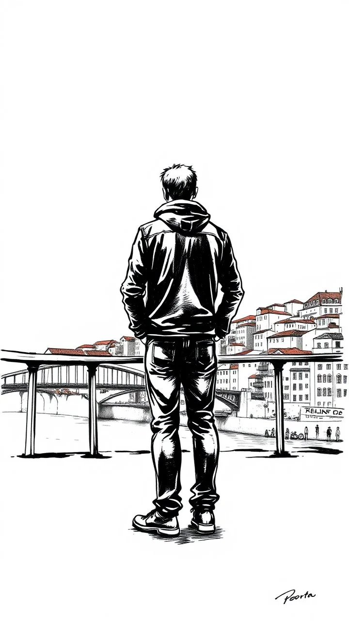 a man standing on Porto bridge, ink drawing style