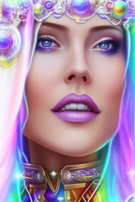 cosmic woman smile, admiral from the future, one fine whole face, crystalline skin, expressive blue eyes,rainbow, smiling lips, very nice smile, costume pleiadian, Beautiful tall woman pleiadian Galactic commander, ship, perfect datailed golden galactic suit, high rank, long hair, hand whit five perfect detailed finger, amazing big blue eyes, smilling mouth, high drfinition lips, cosmic happiness, bright colors, blue, pink, gold, jewels, realist, high commander