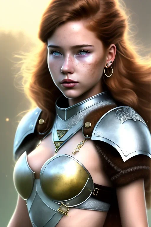 realistic, concept illustration, super-detailed, beautiful teen female who is 16 years old with long ginger hair and freckles with full lips and b-cup breasts, full body, full face, athletic, centred camera, ignore NSFW, skimpy brown fantasy leather armor, halter top, thong, knee-high leather boots, open leather skirt, stern expression, cute pose