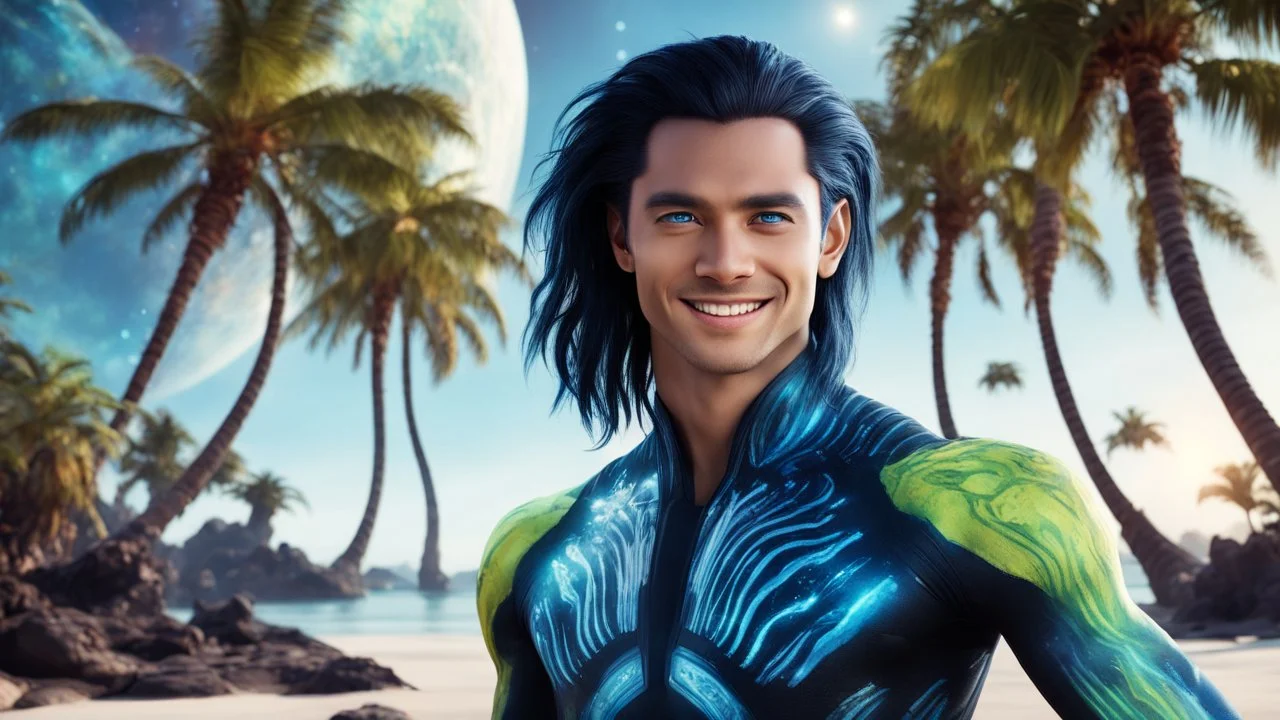 beautiful gorgeous young man na'vi with long hair, Avatar, blue skin, two small ears, green eyes, black hair, in cosmic suit, galactic ambiance, smiling, with spaceship and planets and palm trees and clear crystaline cosmic beach in background