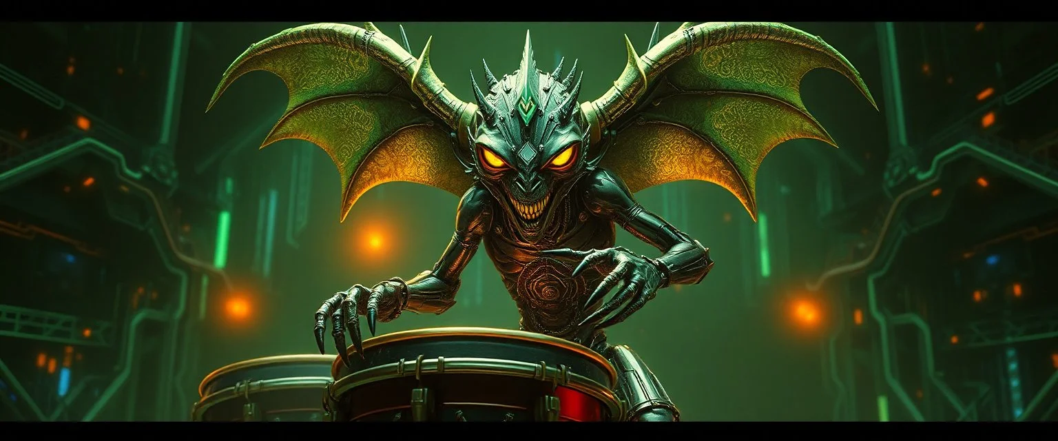 cyberpunk imagery synchronized mechanical gremlin alien drumming flickering stable core