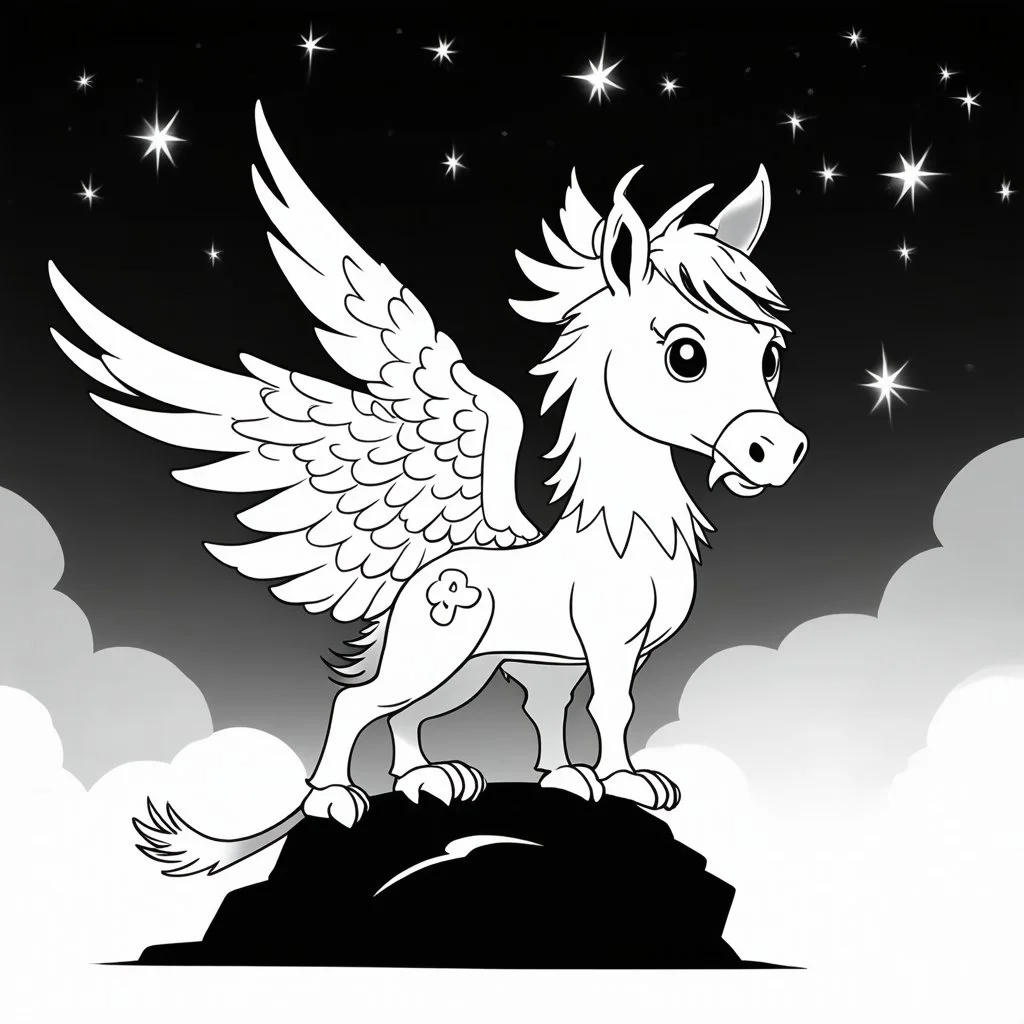 Make black and white cute drawing of a hippogriff with black bold lines. Only outline, no grayscale. A noble hippogriff with a horse’s body and eagle wings, perched on a rock with a proud pose. Make the feathers shimmer with magical patterns, and set it against a sky filled with shooting stars.