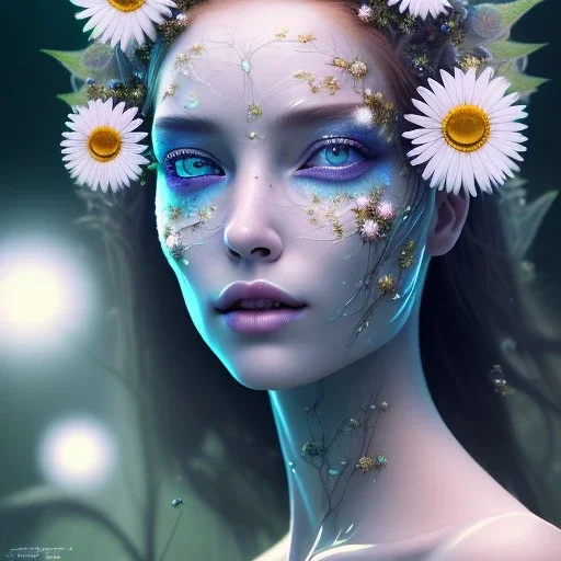 Portrait of beautiful daisy girl, face dept of field,face shinning, plant, metal,lens blur,Unsharp masking, feathers,central weight average,Laplacian filt CWA Dryad,Median filter fae, sidhe, ominous, nature, plants, wildflower sparkle,facepaint, dnd character portrait, intricate, oil on canvas, masterpiece, expert, insanely detailed, 4k resolution, retroanime style, cute big circular reflective eyes, cinematic smooth, intricate detail , soft smooth lighting, soft pastel colo