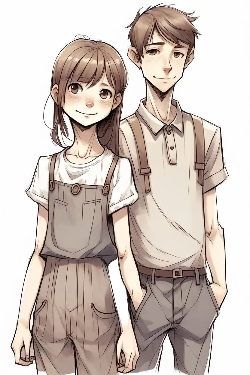 tom-boy girl of 13 years, realistic style, very thin body, lon arm, salopette dress