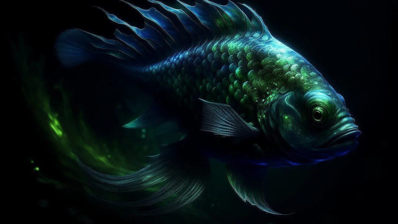 A hauntingly beautiful fish-like creature, driven by dark waves, whose elegant, shadowy form glides through murky waters. The creature's scales shimmer with an otherworldly iridescence and its eyes glow with an ethereal light. The background is a swirl of dark blues and greens, evoking a sense of mystery and depth.