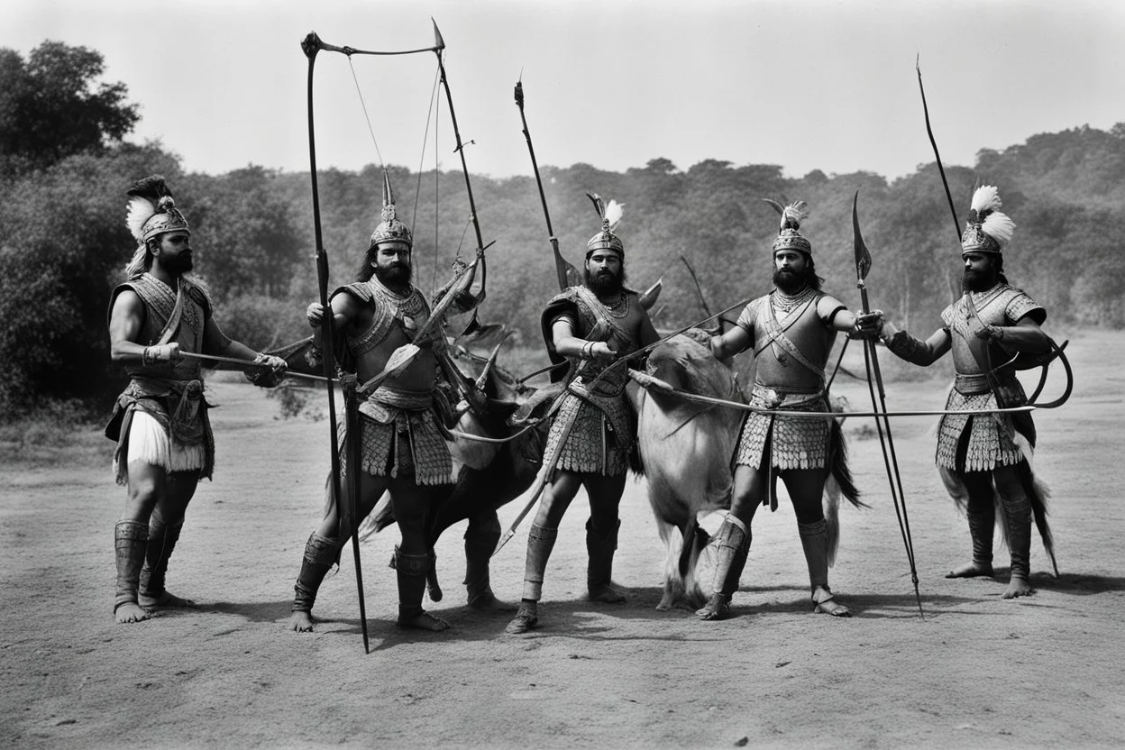 [very impressive high res masterpiece in Kodak Eastman 5247, scene by László Krasznahorkai] As Arjuna and Duryodhana stand shoulder to shoulder, facing the same wooden target in the archery contest, their skills as archers are undeniable. Both warriors possess remarkable talent and prowess with the bow, each capable of hitting their mark with precision and power. Arjuna's form is impeccable, his arrows flying true and striking the target with effortless grace. His mastery of archery shines brigh