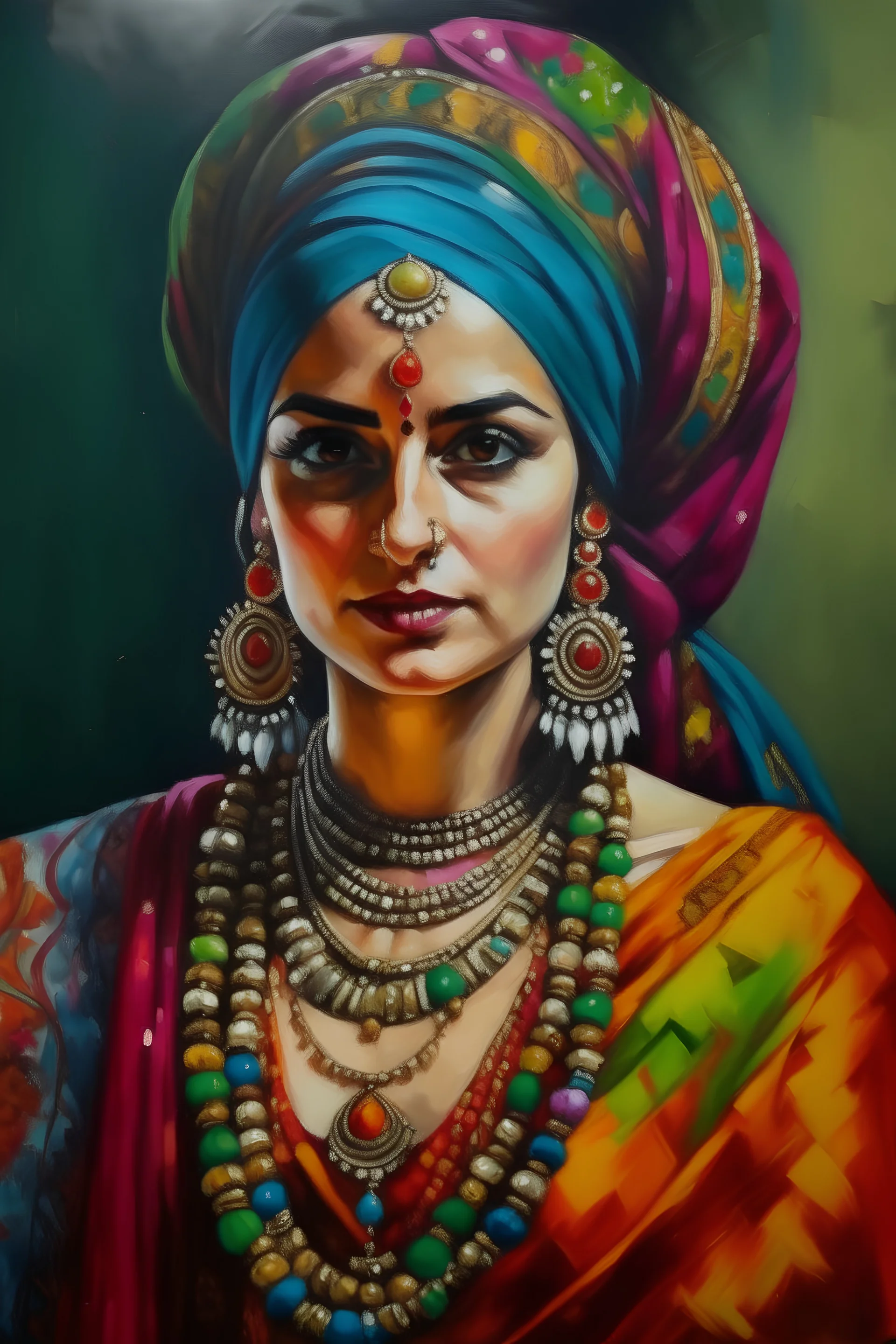 Portrait of Pakistani woman in colorful turban and loads of jewellery style of painting of tuluse latrec