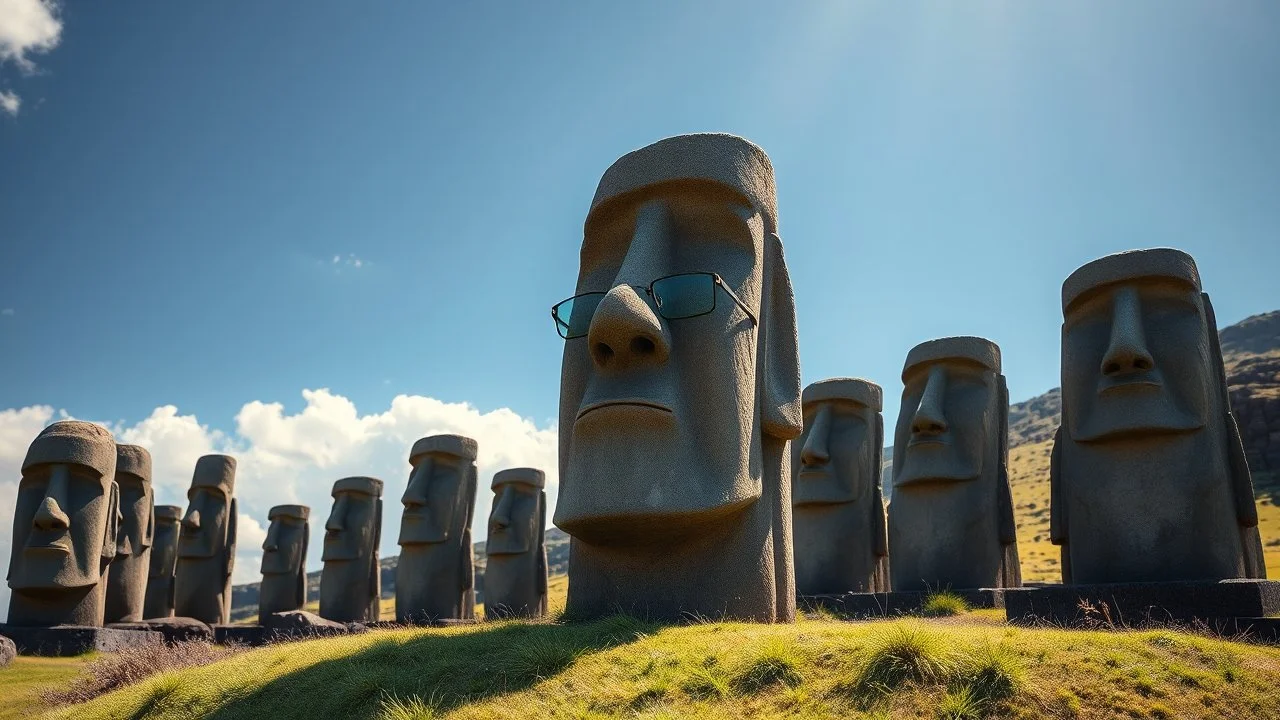 calm beauty, fantasy, magic, splendor, uplifting, inspiring, therapeutic, Easter Island stone statues with faces, one wearing spectacles, springtime, sunlight, chiaroscuro, color, award-winning colour photograph, Nikon 135mm, style Disney, style Salvador Dali