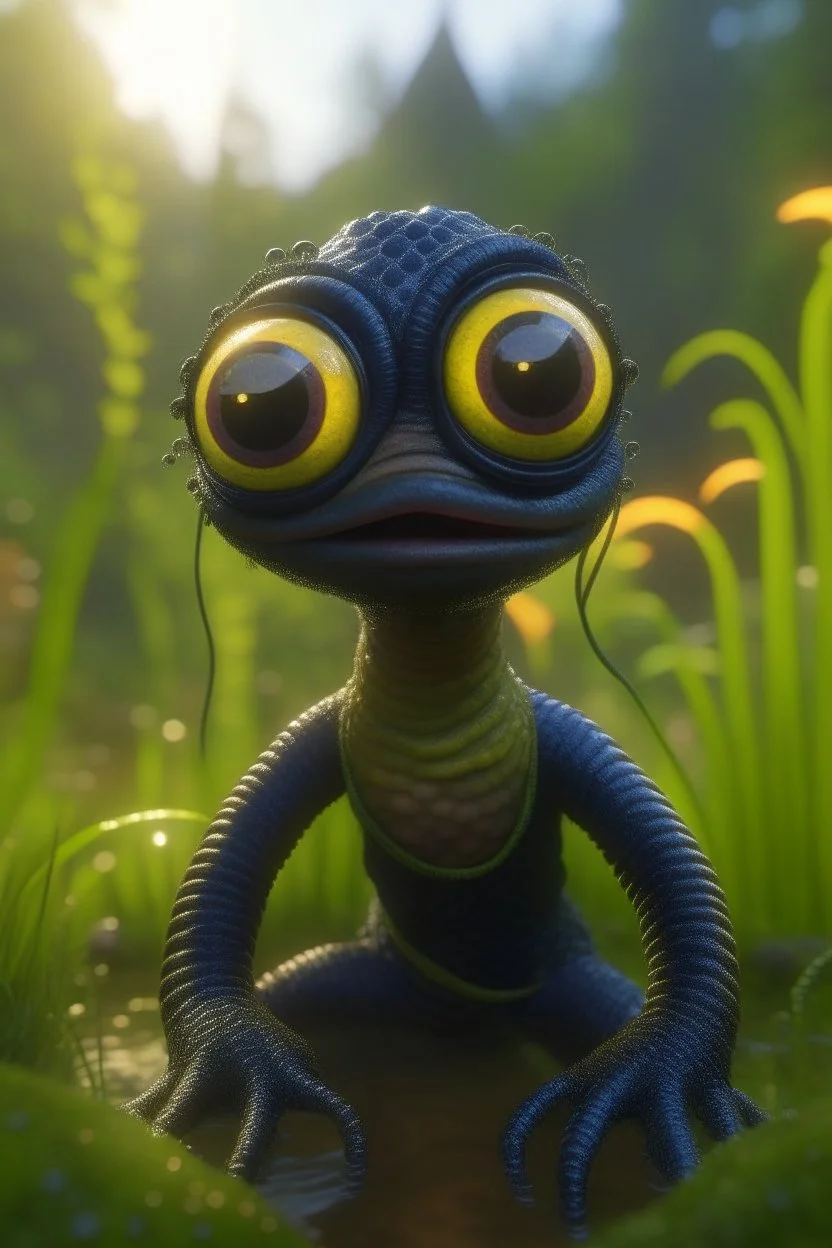 evil snake head with monocle, adorable cute chat priest robot with short punk hair and real human reflective eyes, fluffy floating in pond in garden of st. Barbara cathedral, its such a perfect day, motion blur, smoke, 8k, downlight, soft light, depth of field, photorealism, trending on art station, lotsa detail