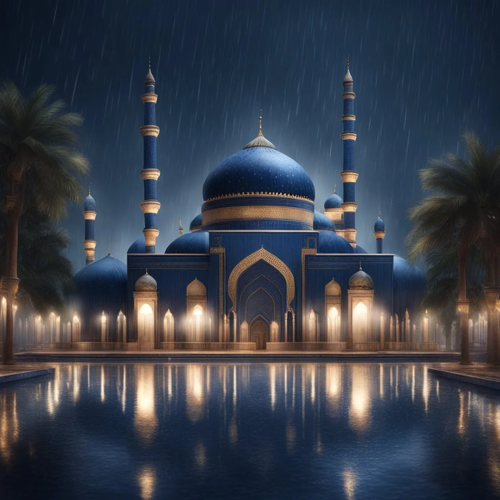 Hyper realistic beautiful navy-blue coloured mosque in a dark rainy night with water fountains