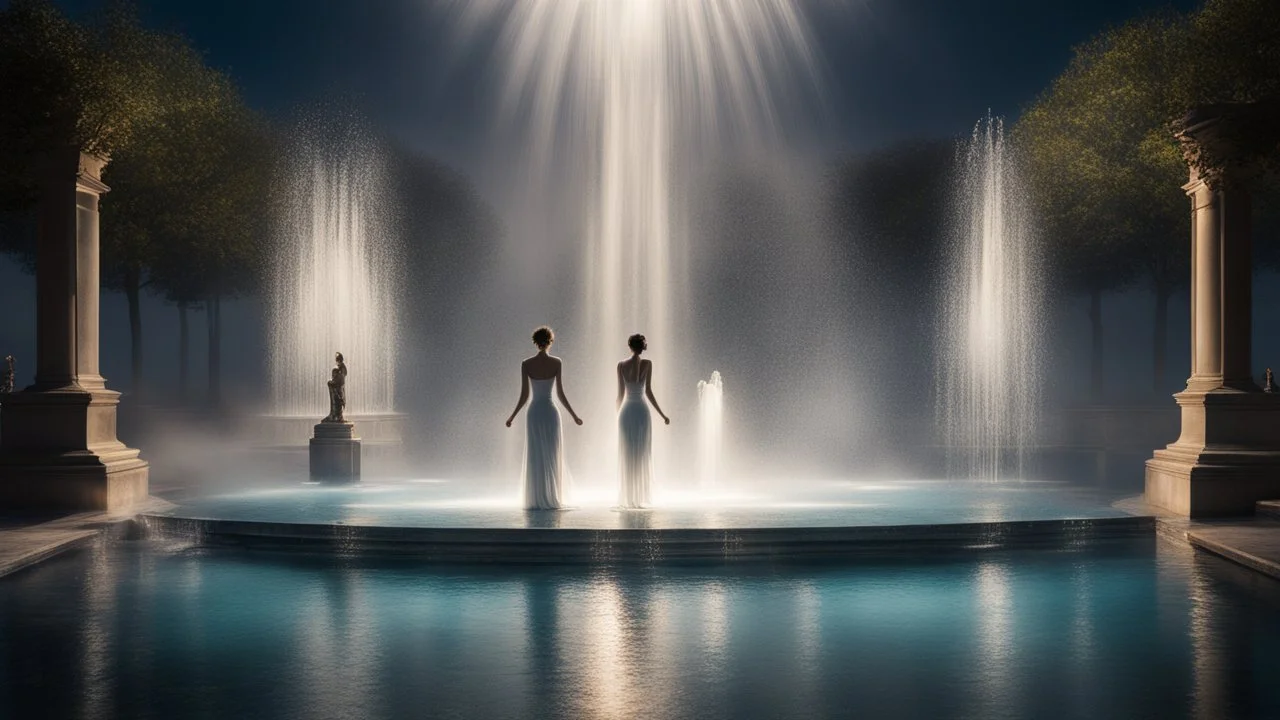 moonlight, sparkling fountains, recreation, relaxation, luxury, magnificent, showers, glistening water spray, people, dream world, calm beauty, symmetry, fantasy world, magic, splendor, uplifting, inspiring, therapeutic, chiaroscuro, color, award-winning colour photograph, beautiful composition, exquisite detail, Nikon 135mm