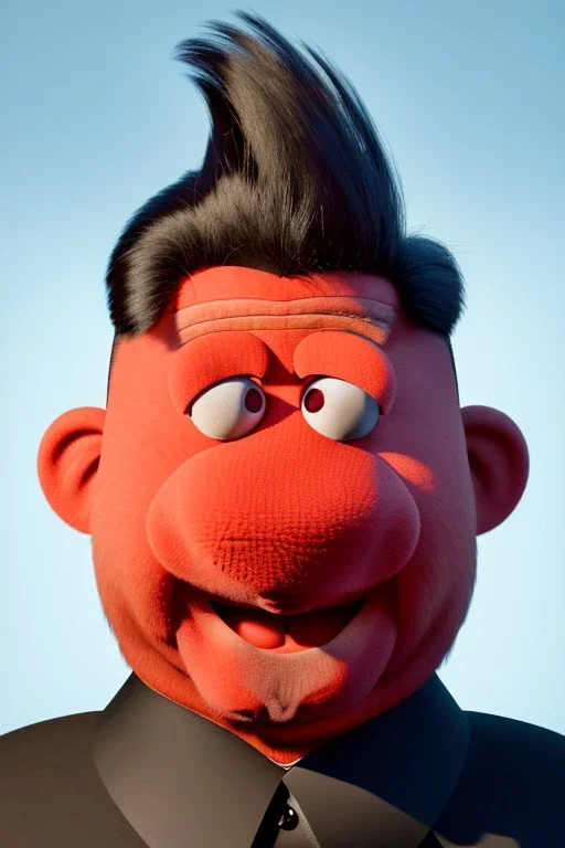 Waist up muppet Portrait, Kim Jong-un muppet doll, black suit, photo studio, red background, unreal engine 5, concept art, art station, god lights, ray tracing, RTX, lumen lighting, ultra detail, volumetric lighting, 3d.