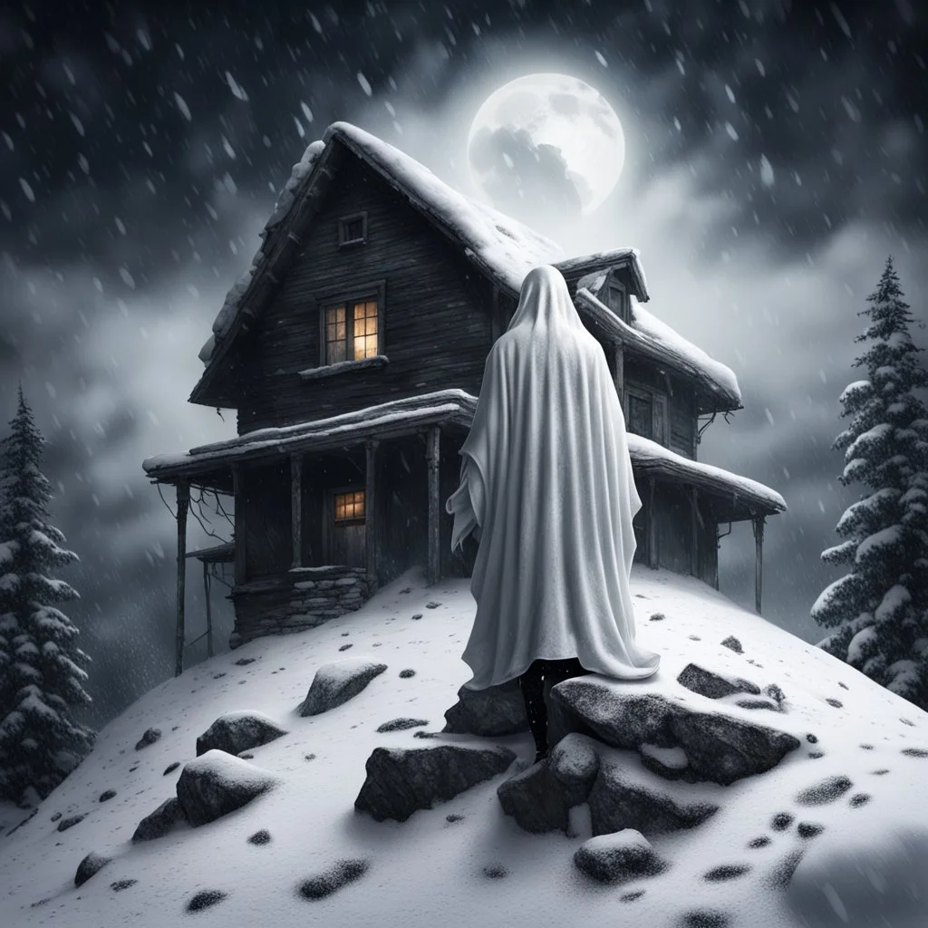 Hyper Realistic white ghost with a sad man on the top of a mountain & an abandoned dark house at heavy snowfall night