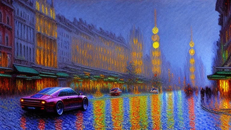 Modern city at night with modern cars, claude monet impressionism painting