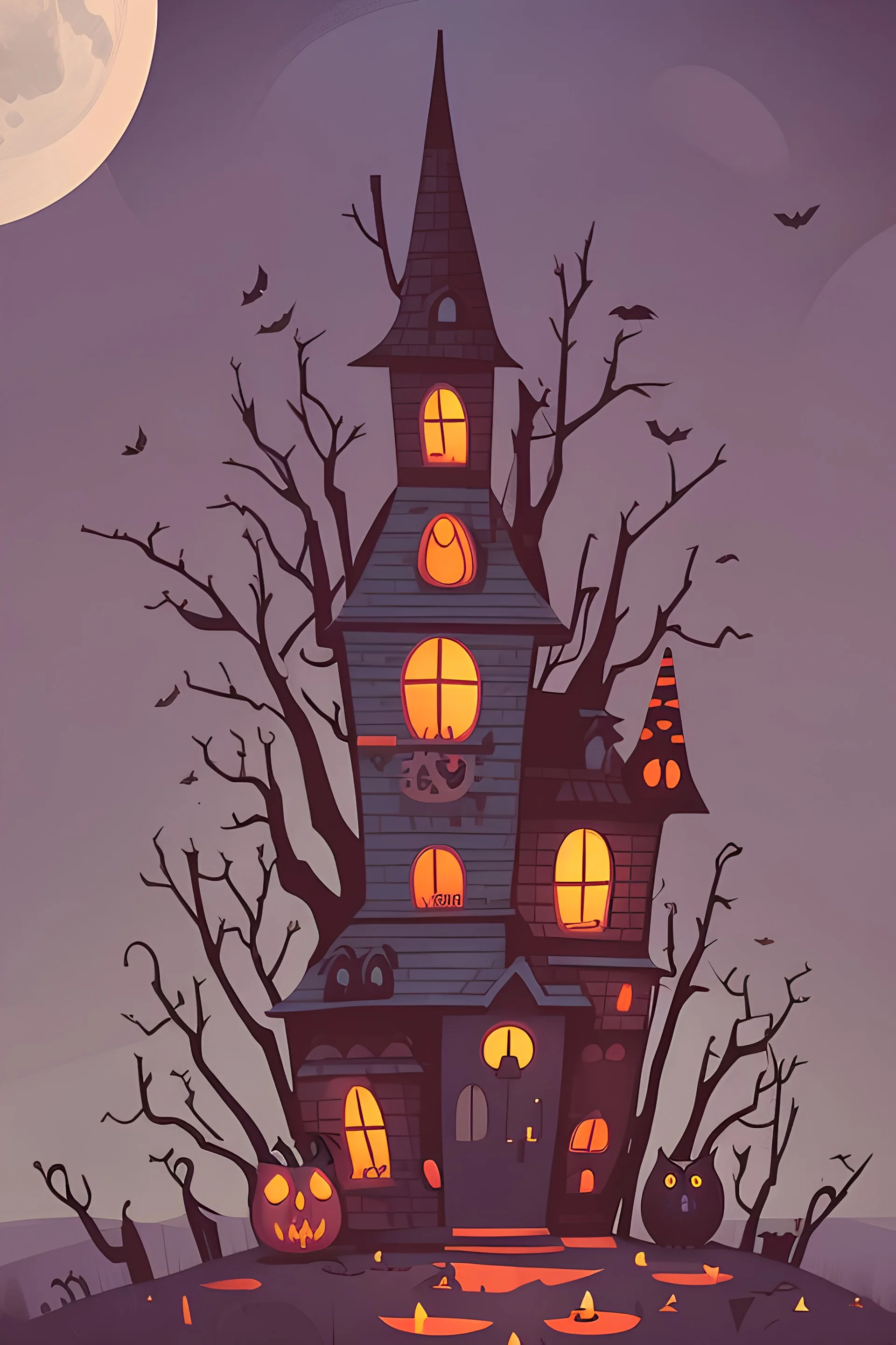 :: Illustrate a charming and whimsical haunted house scene with cute witch, quirky pumpkins, and scary owl, all surrounded by a moonlit sky