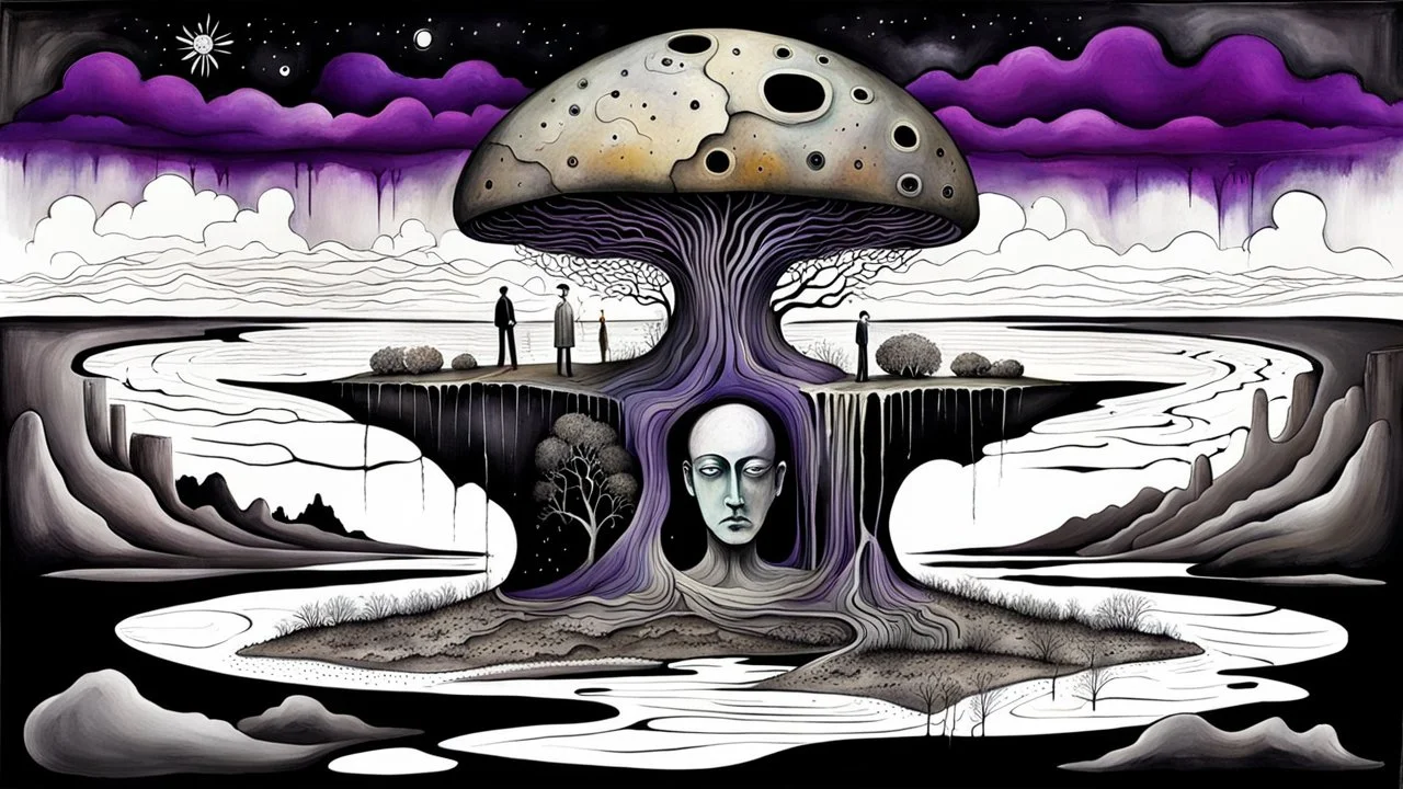 painted and drawing inner world with uncontrolled mind and soul, in midle a big head statue stands on little floating island over surreal cracked painted weird land with some black doors. very dark purple, gray, black, white, brown. Whimsical style of Chagall , of Minjae Lee and René Magritte, lonely face with absurd beauty. broken, weird bizarre absurd nightmare, labirynth, dark vision, neuron network background, surreal vibe