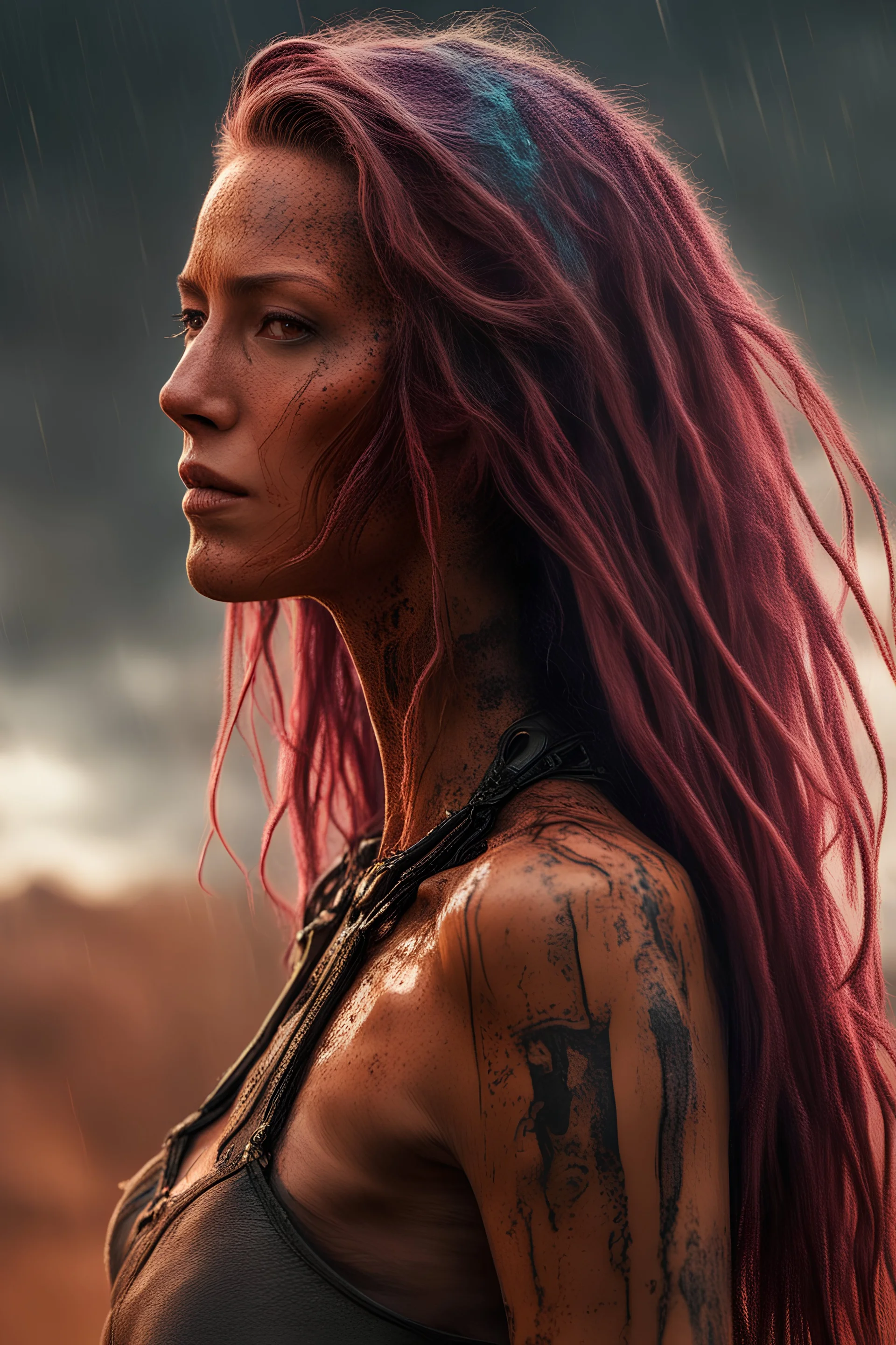 science fiction scene like cyberpunk on mars 45 years old woman long colorfull hair ultrarealistic wet skin, heavy rain, tattos photorealistic, wind is blowing, tanned skinny, show collarbones,