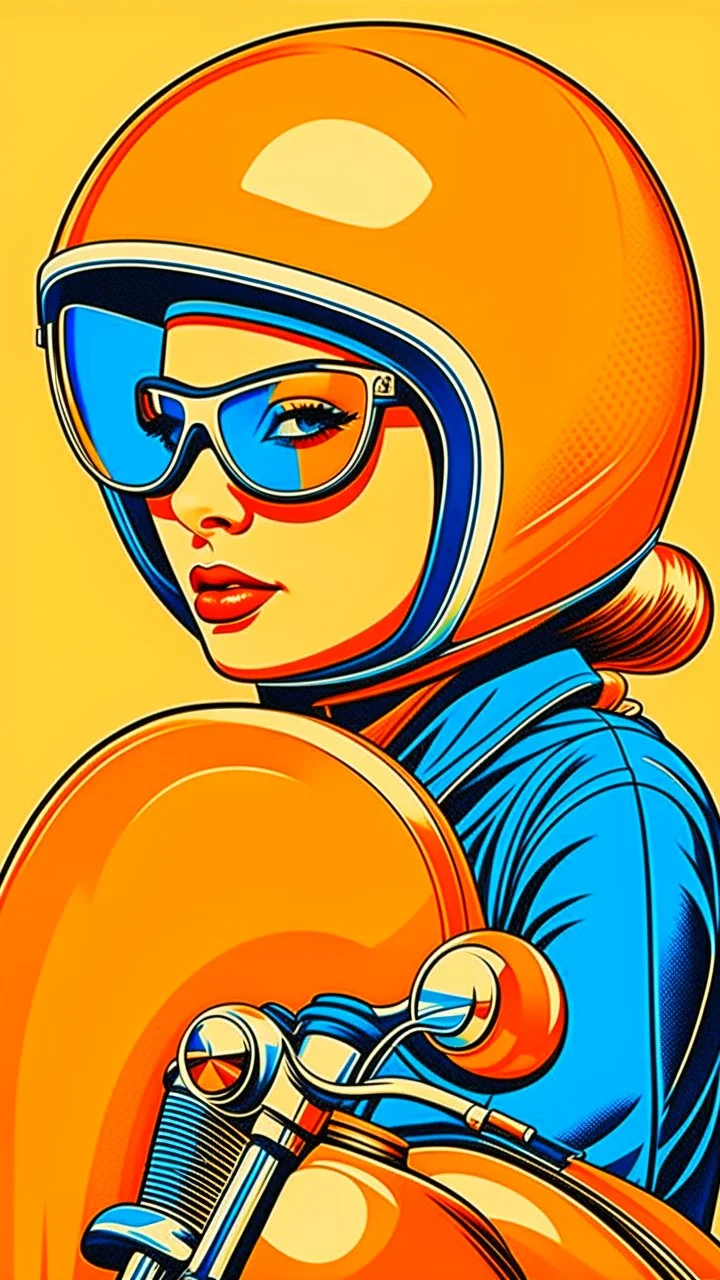 woman wearing a helmet and sunglasses on a vespa motorcycle, Dahlov Ipcar posters, behance contest winner, retrofuturism, poster art, behance hd, dystopian art, art deco, 1950s, orange, blue, posters, portrait, face to face