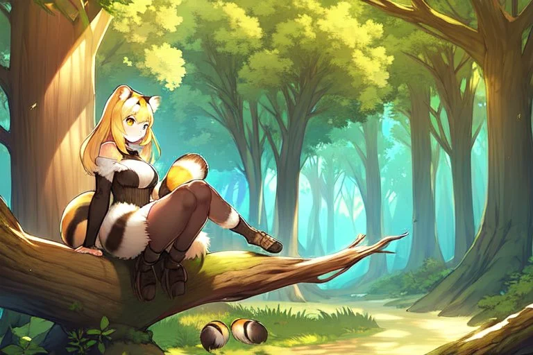 Yellow hair, girl, sit on tree, raccoon tail, forest