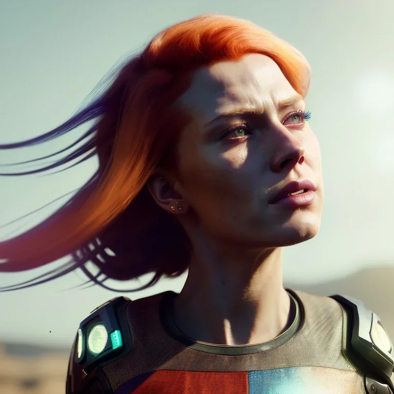 A beautiful portrait of a cyberpunk woman with lot's of grain on her skin red head with hair flying in the wind cyborg smiling facing camera orange color scheme, high key lighting, volumetric light high details with white stripes and feathers unreal 5, octane render, cinema4d, dynamic lighting, dramatic lighting, 4k, redshift render, highly detailed, hyper realistic