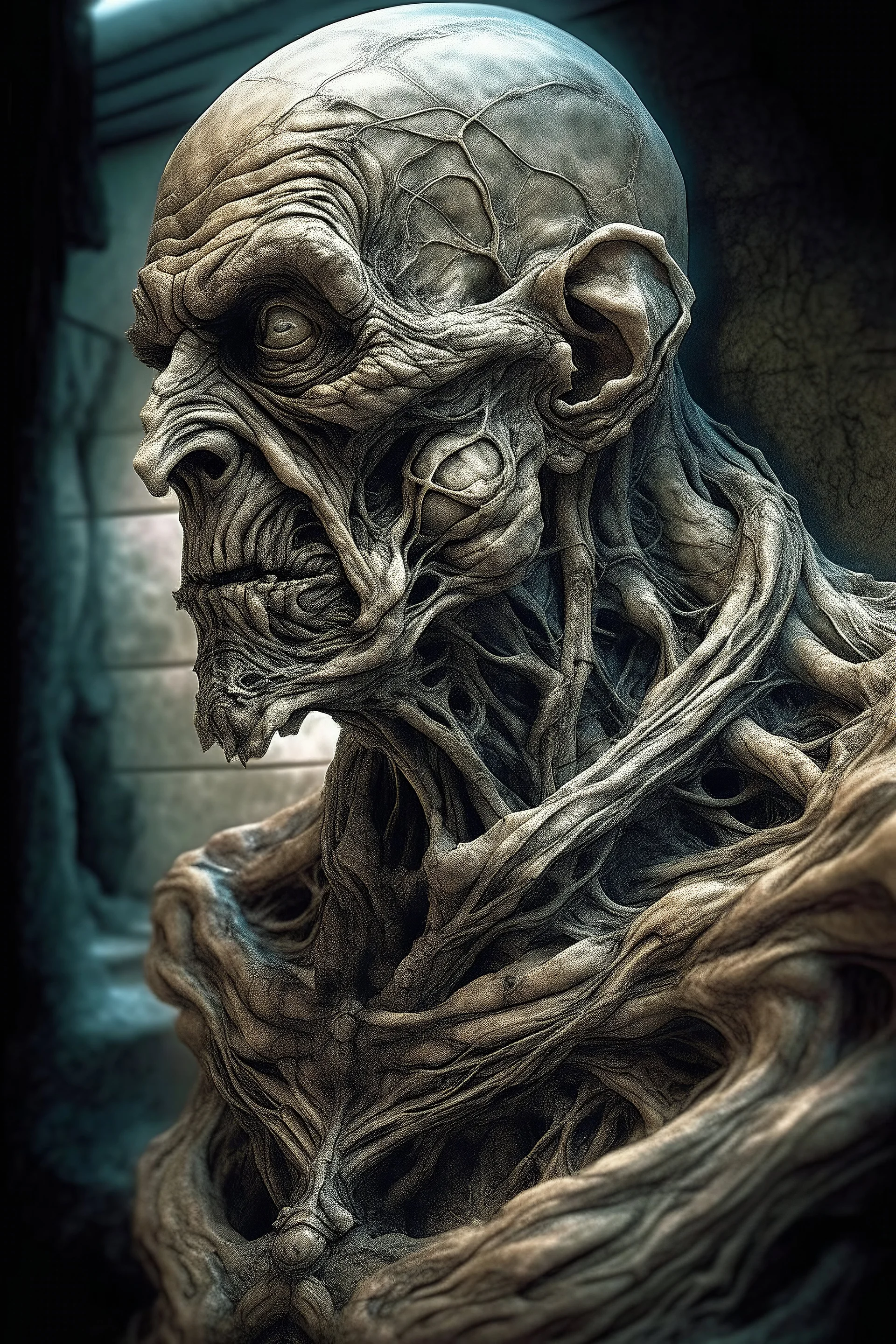 sculpture of a old man , decayed and rotting with grotesque proportions and imagery. abstract grotesqueries, detailed texture, surreal horror, biomechanical design, by hr giger and beksinski