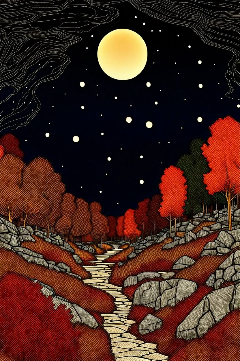Autumn colors, peaceful, Egon Schiele, Max Ernst, night sky filled with galaxies and stars, rocks, trees, flowers, one-line drawing, sharp focus, 8k, deep 3d field, intricate, ornate, one million strokes