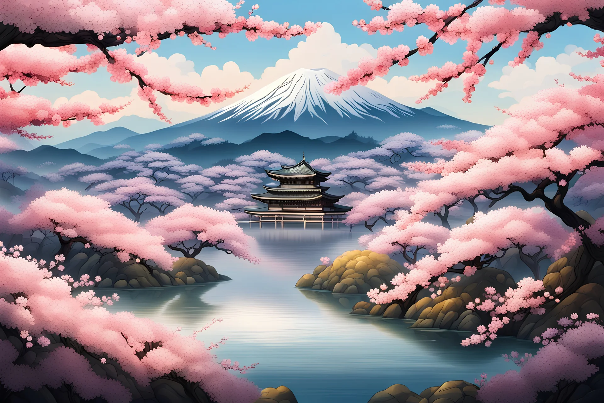 cherry blossoms, large japanese landscapes, japanese photographic style. elegant, beautiful, intricate, fantastic scenery, ultra-detailed, photographic style, oil patchwork, high resolution, crisp quality