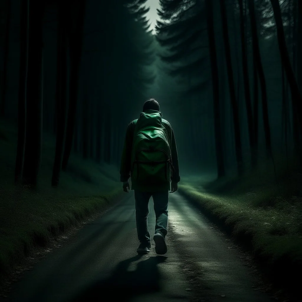 a lonely figure with a backpack, leaving a metropole, on a road, into a forest, photo quality, dark green light