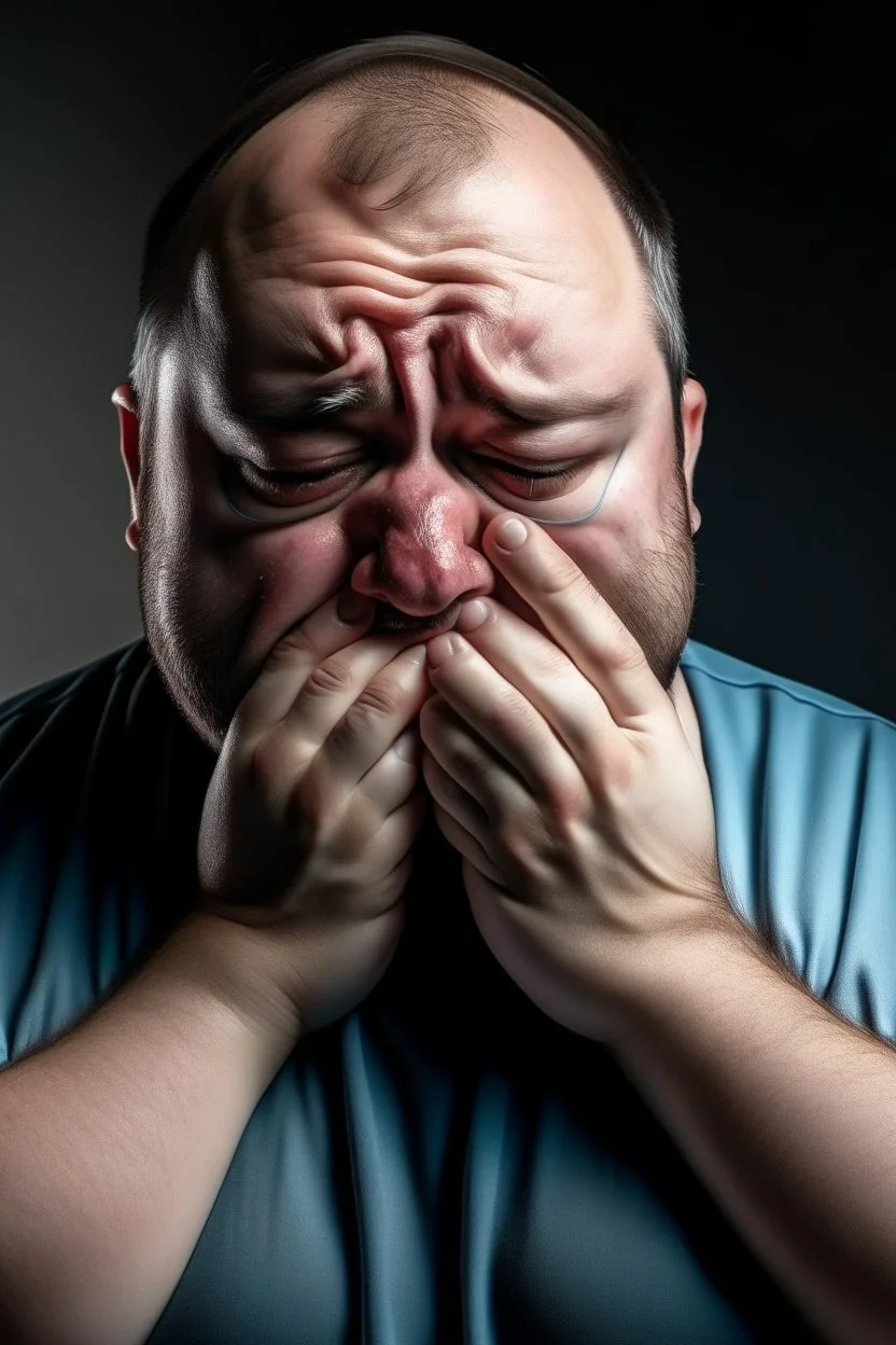 Fat man crying with a mask on
