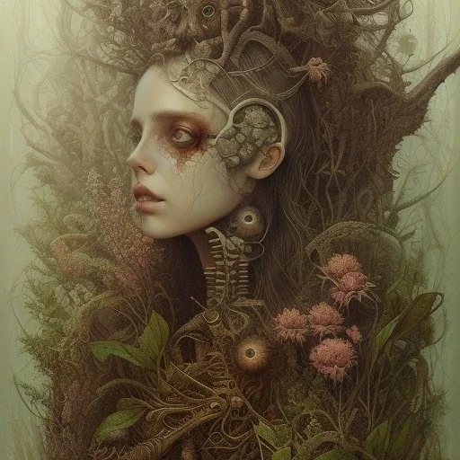 Singer Danish MØ, watercolor illustration , cyberpunk, steampunk, Dryad, plants, wildflower,Style John Kenn Mortensen,