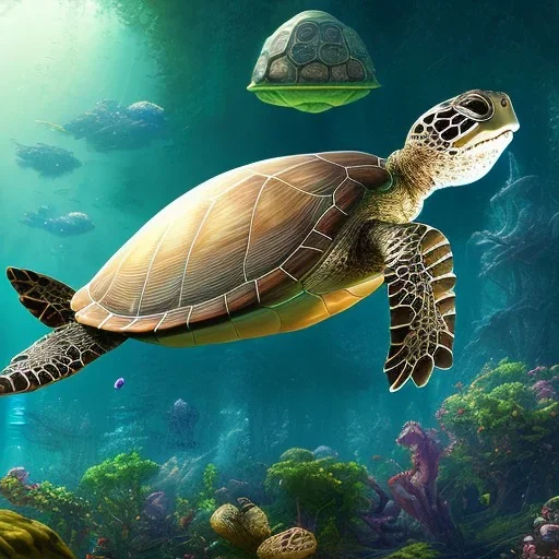 Turtle deep water loghts night, unreal 5, octane render, cinema4d, redshift render, hyper realistic, cenematic, vibrancy, synthwave, retouch, centered, dynamic lighting, dramatic lighting, 4k, highly detailed, attractive beautiful, realistic, virtual reality, epic composition, holographic,