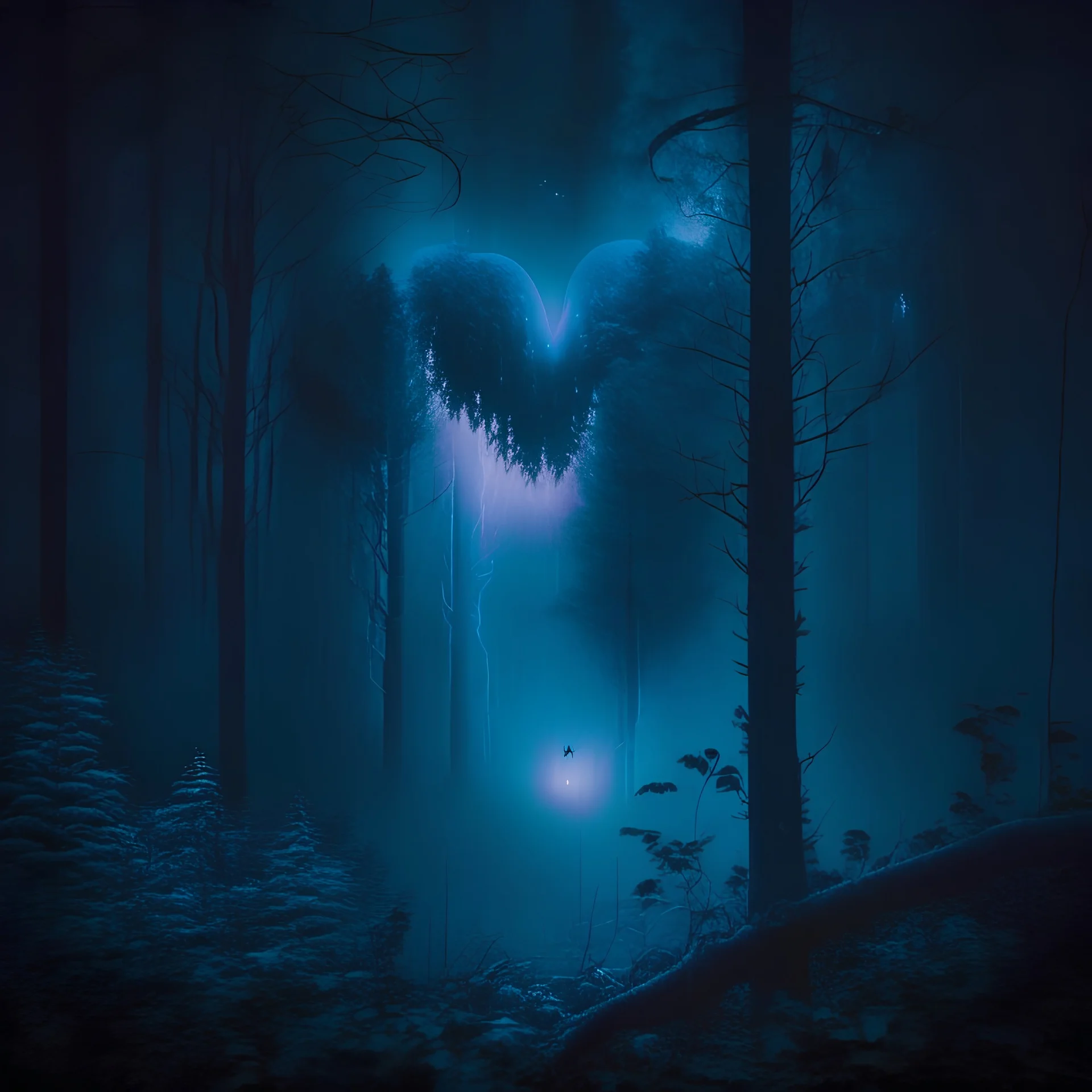 fog in the forest at night with an electric heart