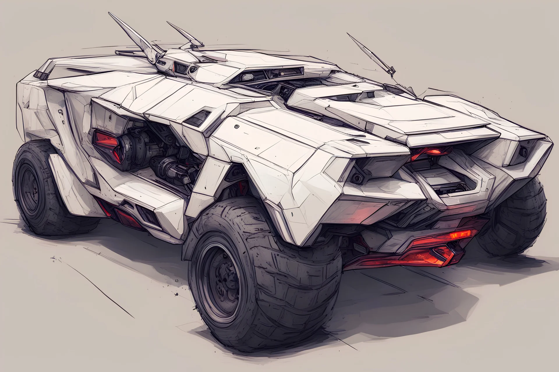 sketch, cyberpunk countach truck fitted with quadcopter